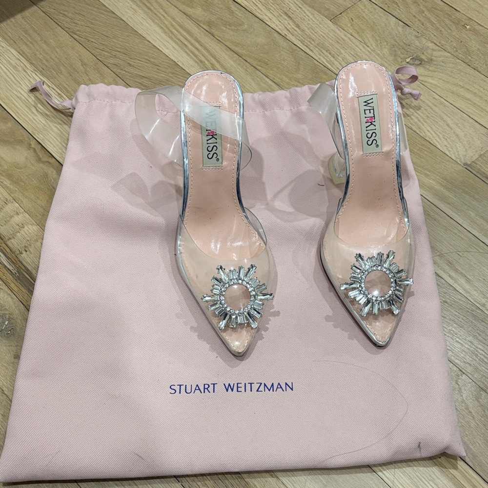 Stuart Weitzman Clear and Silver Embellished Heels